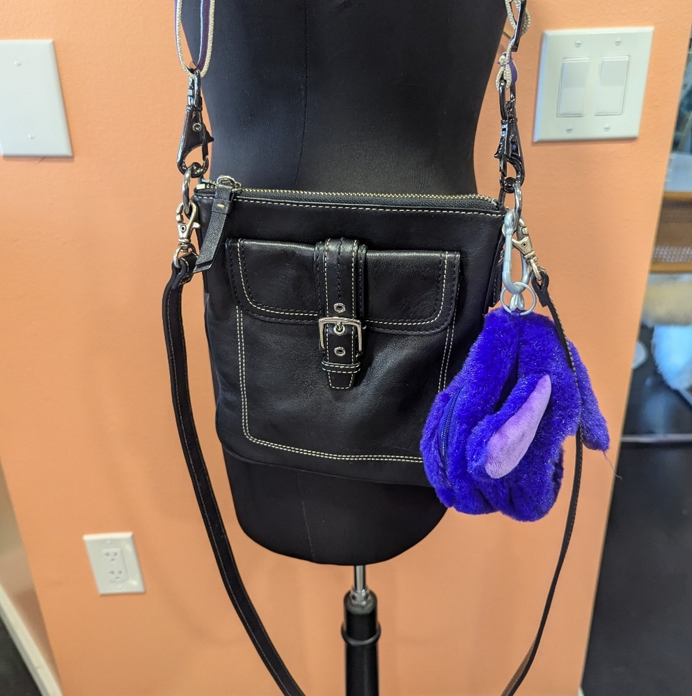 Coach Crossbody Black Leather Bag With Purple Strap Y2K Mini Flap Handbag - Picture 15 of 16